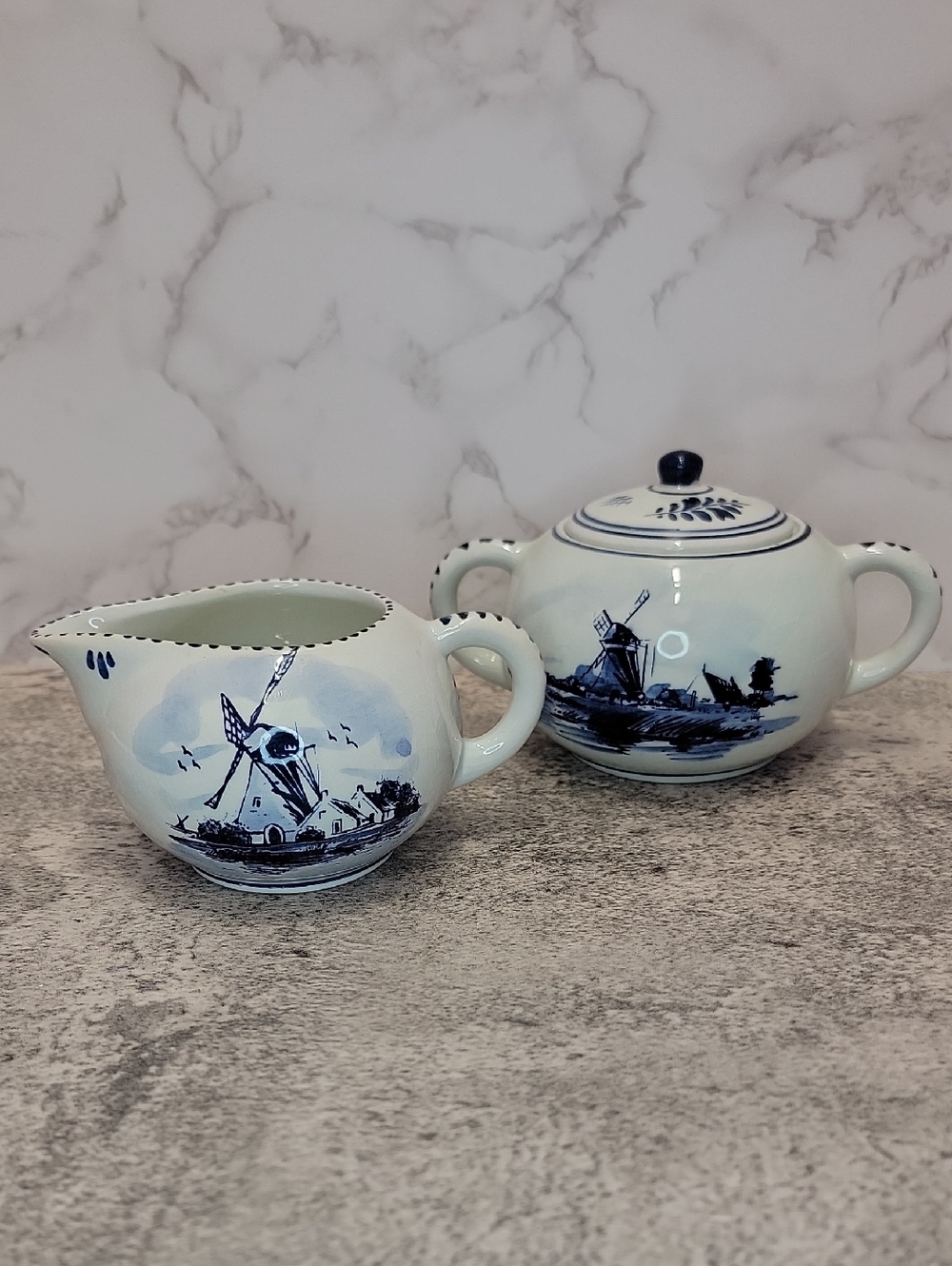 Vintage Delft Blue Creamer and Sugar set windmill